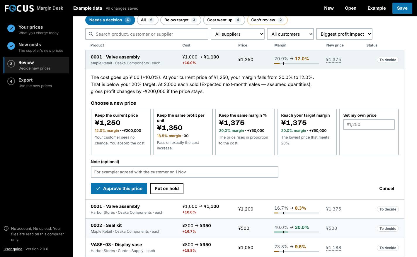 Margin Desk screen with fictional data