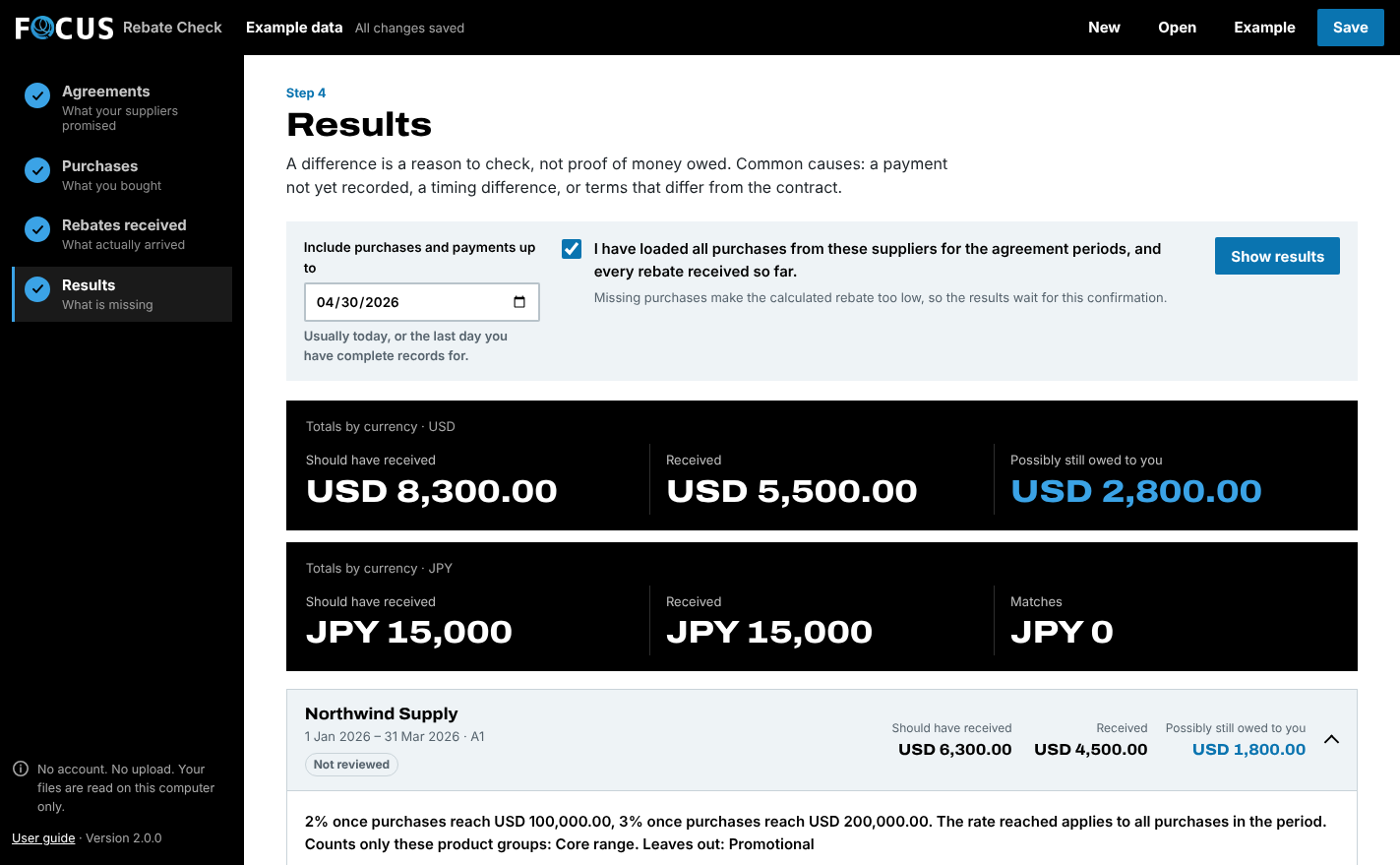 Rebate Check screen with fictional data