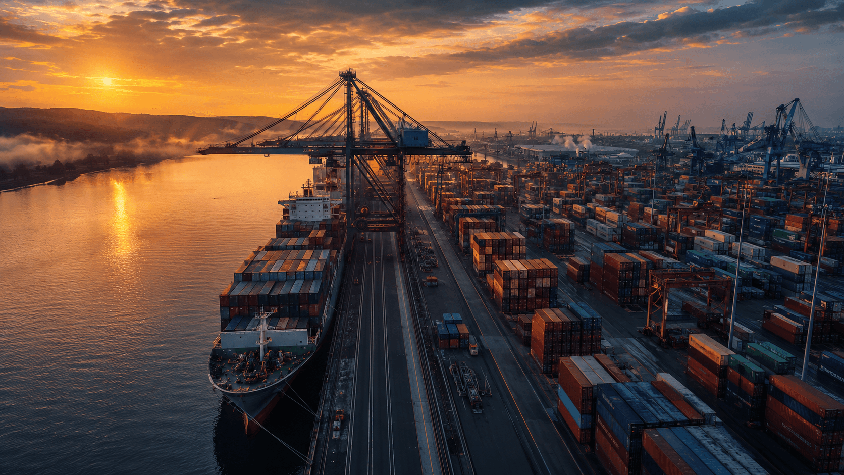 Container ship at a major global port at sunrise