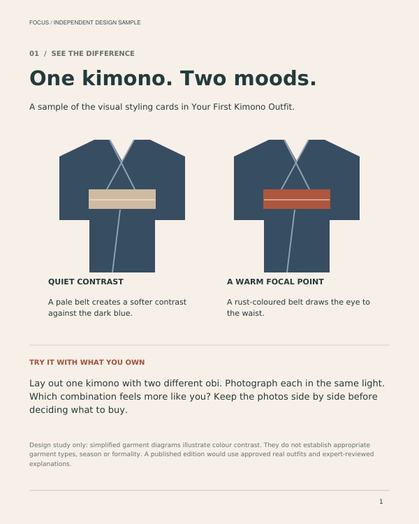 First page showing two illustrative kimono colour combinations