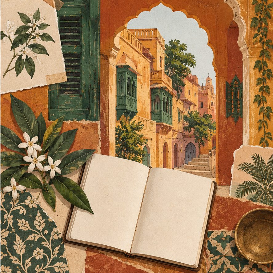 Illustrative heritage street and blank travel notebook collage