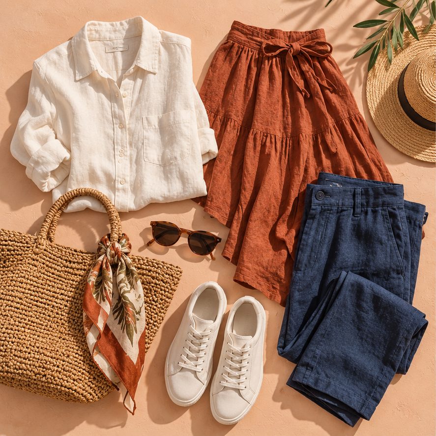 Illustrative capsule wardrobe with linen, denim and travel accessories